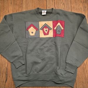 Vintage Jerzees Patchwork Birdhouse Crewneck Sweatshirt  Cottagecore Appliqué